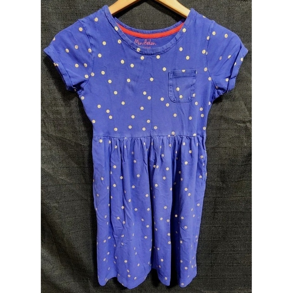 Mini Boden Dress Sz 11-12y Blue Purple Polka Dots Cuff Sleeve Pockets Girls